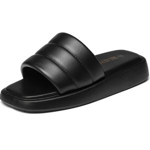 DREAM PAIRS Square Open Toe Slides Platform Flat Quilted Slip on Sandals. size 6
